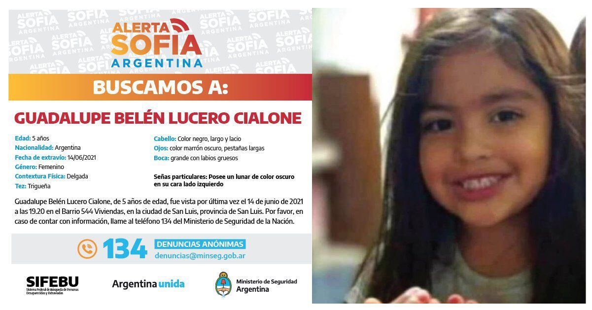 La fotografía y los datos que compartió el Gobierno nacional como parte del programa Alerta Sofía para dar con Guadalupe Lucero.