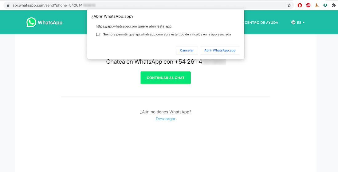 WhatsApp ofrece un link para enviar mensajes a números que no tenés agendados. 