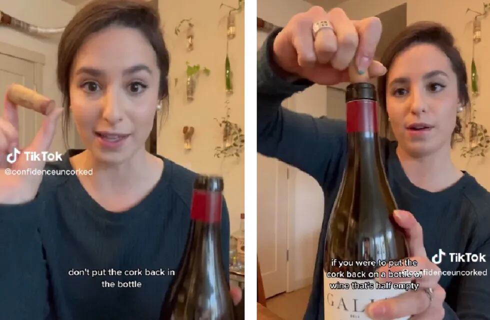 Esta es la manera correcta de cerrar una botella de vino y que no pierda sabor, según una experta (Captura TikTok)