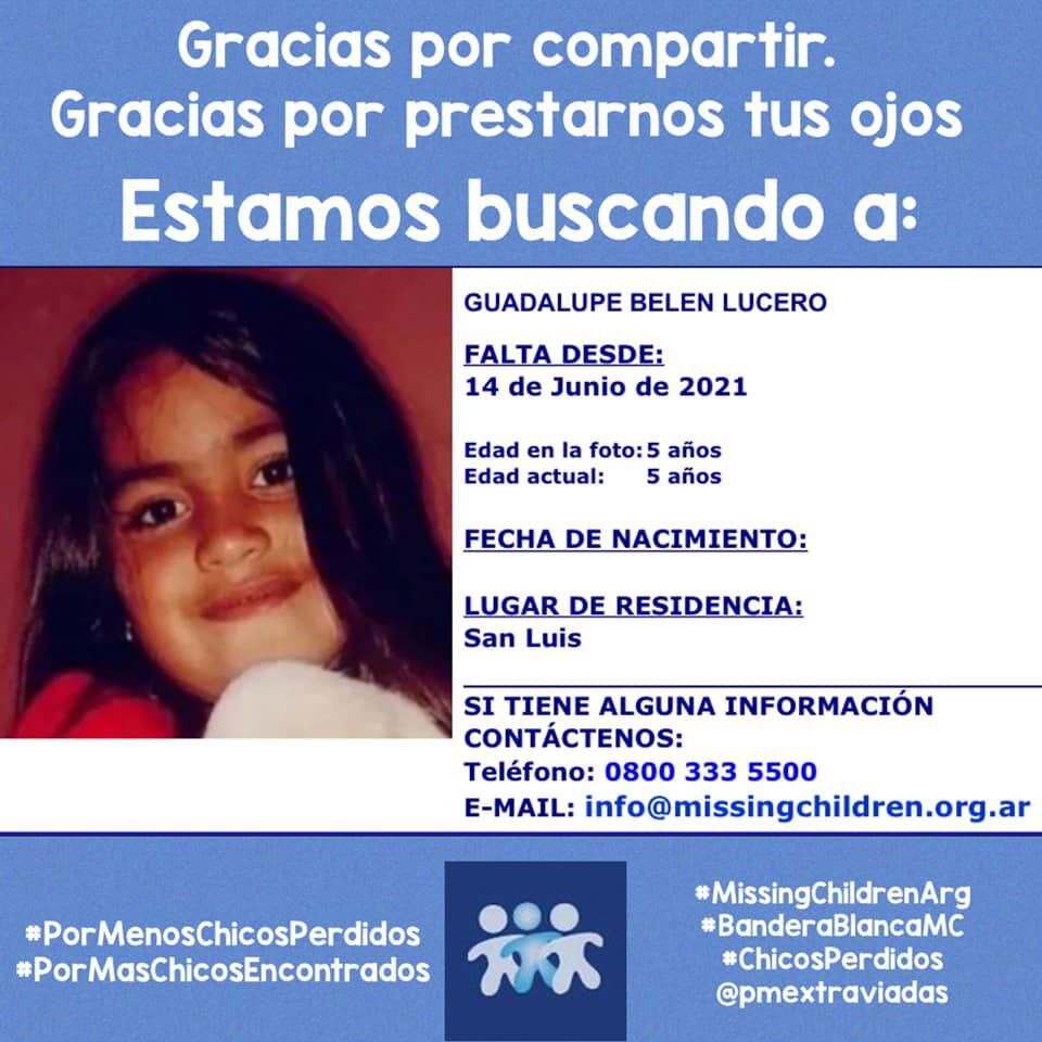 Missing Children también compartió los datos de la búsqueda de Guadalupe Lucero.