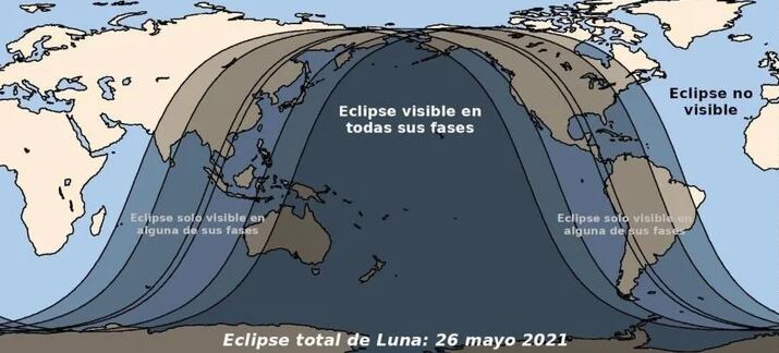 Mapa del eclipse de Luna del 26 de mayo 2021.