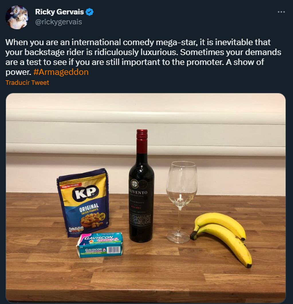 Ricky Gervais publicó un vino mendocino en Twitter.