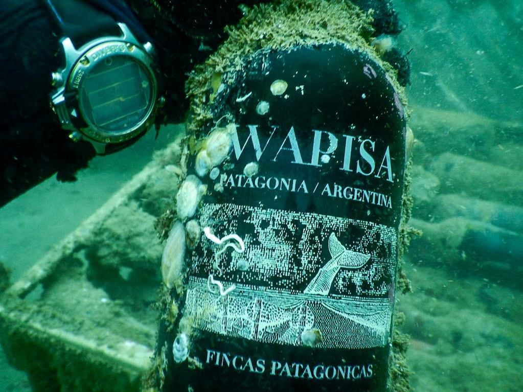 Wapisa Malbec. Unas 800 botellas fueron sumergidas a 12 metros de profundidad en el mar de Río Negro.