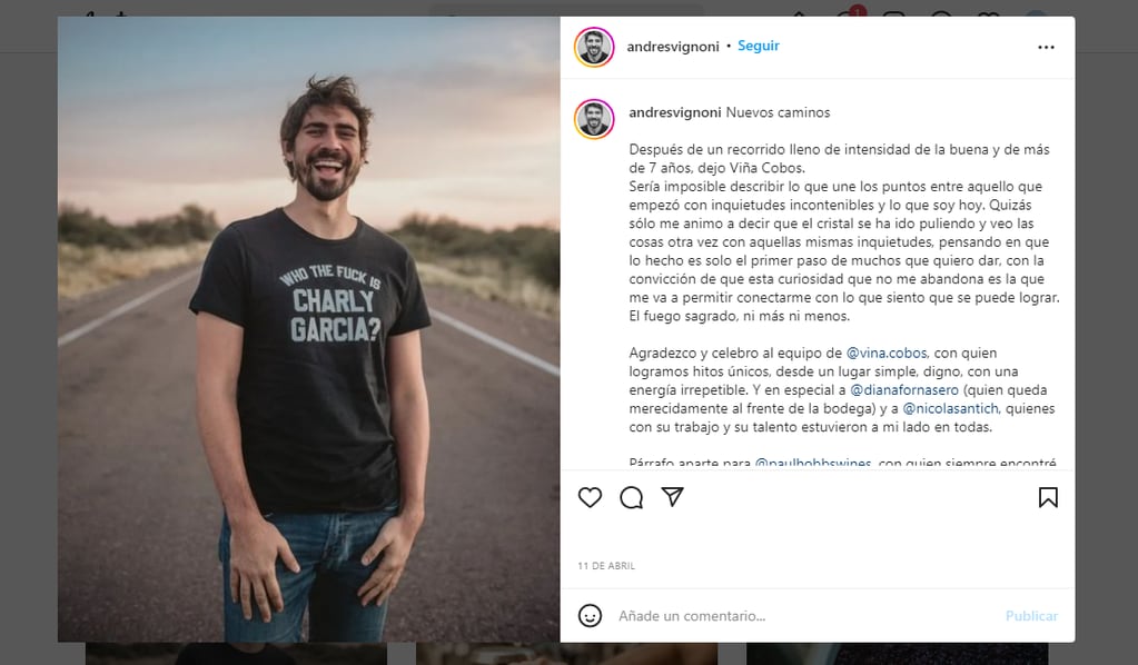 Andrés Vignoni se despidió de Viña Cobos. - Instagram