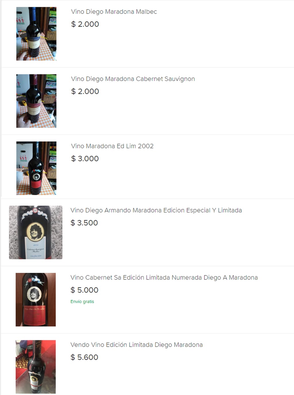 Desde $2.000 y por encima de los $5.000 se puede conseguir el vino de Maradona. - Captura de pantalla