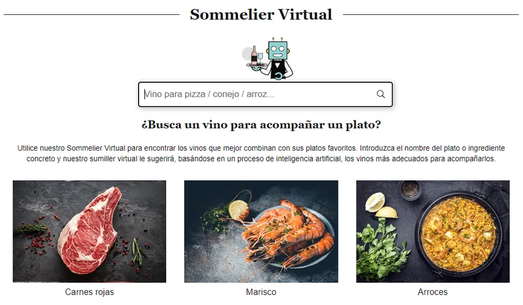 El sommelier virtual permite elegir entre varias opciones de vinos para un mismo plato. - Captura de pantalla