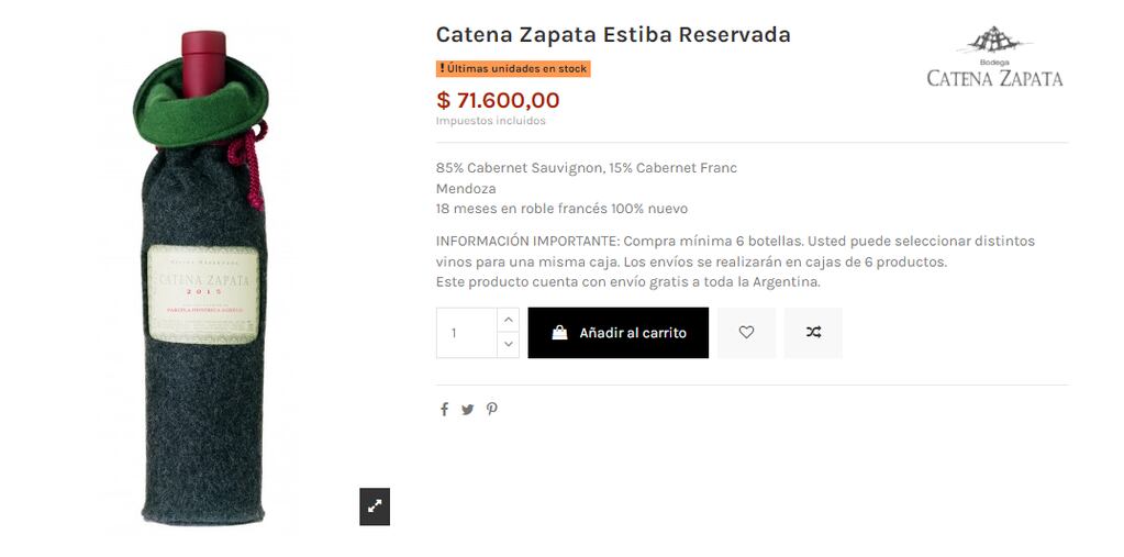 Estiba Reservada de Catena Zapata es otro de los vinos más caros de Argentina. - Captura de Pantalla.