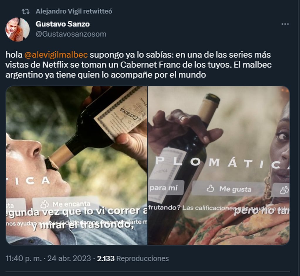 Varios usuarios notaron la aparición del vino argentino en la serie Británica. - Captura de pantalla