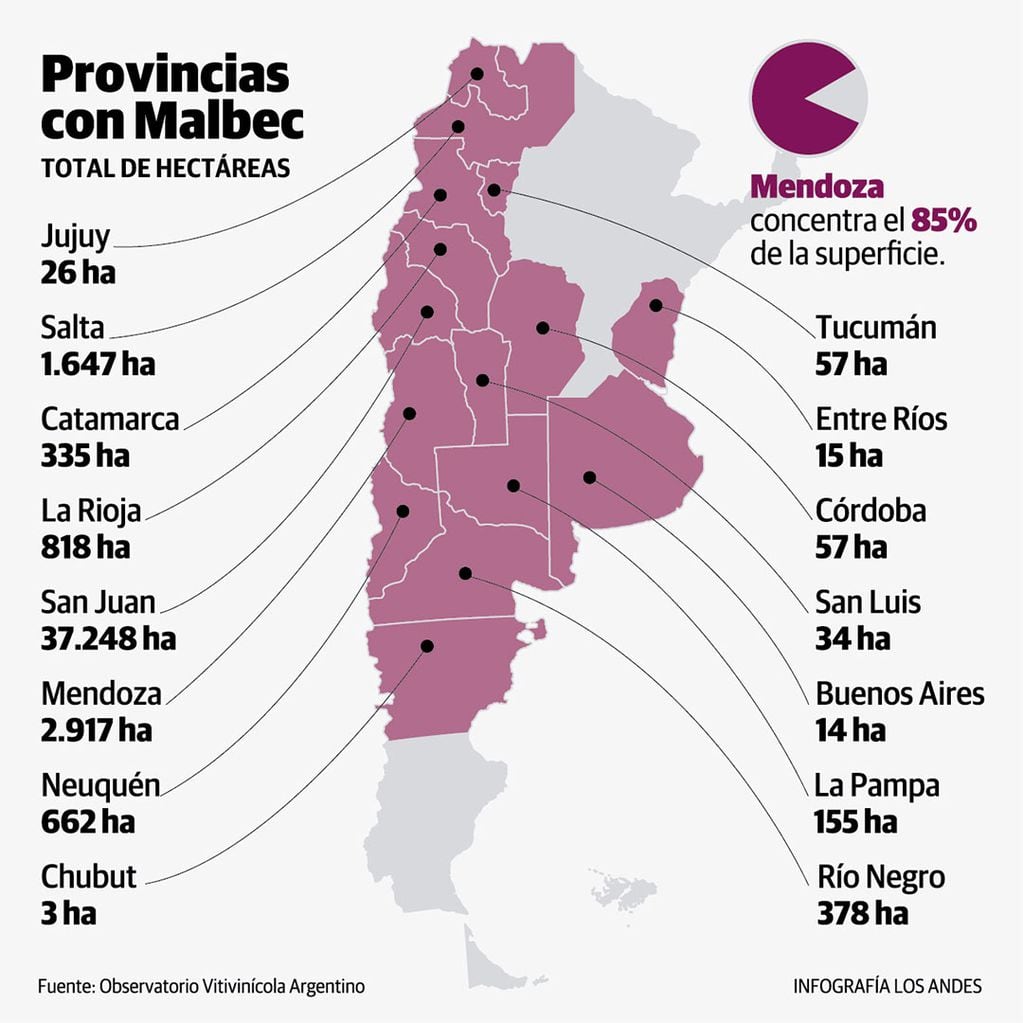 Mendoza concentra el 85% de la superficie cultivada con Malbec, pero no es la única provincia productora.