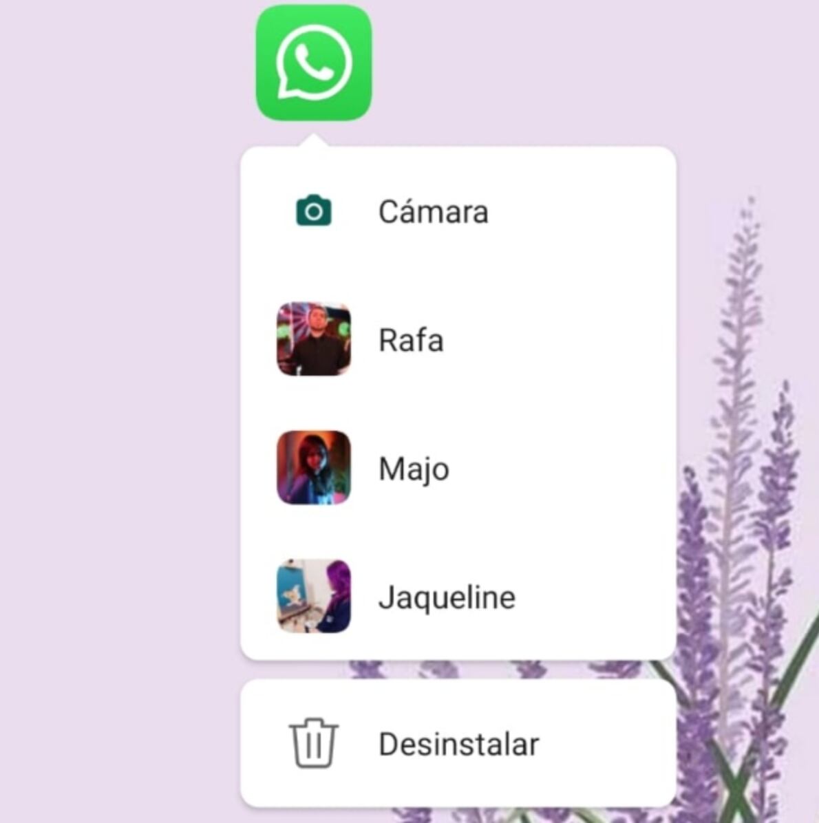 Mantener presionado el ícono de WhatsApp en la pantalla del teléfono abre un menú rápido sin entrar a la app. 